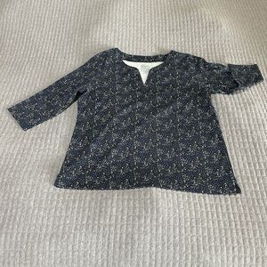 L.L. Bean 100% Supima Cotton Floral Split Neck Tunic Blue 3/4 Sleeve Petite L